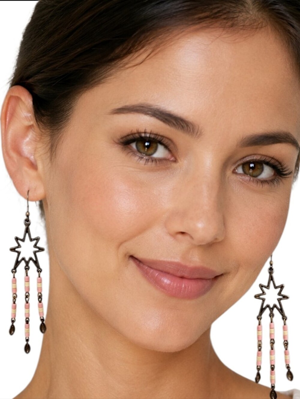 Vintage Pink Beaded Celestial Earrings Dangle Starburst Chandelier Boho Bronze